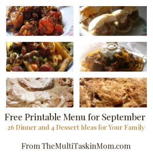Solve the "What's for Dinner?" dilemma with this Free Printable Menu for September from TheMultiTaskinMom.com