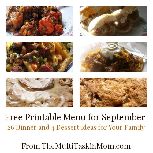 Solve the "What's for Dinner?" dilemma with this Free Printable Menu for September from TheMultiTaskinMom.com
